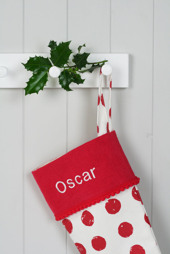 Personalised Pets Christmas Stocking RED SPOTS - HIDE & SEEK TEXTILES