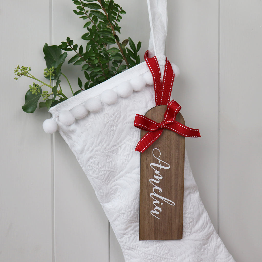 Pure White Santa Stocking With Personalised Wooden Tag