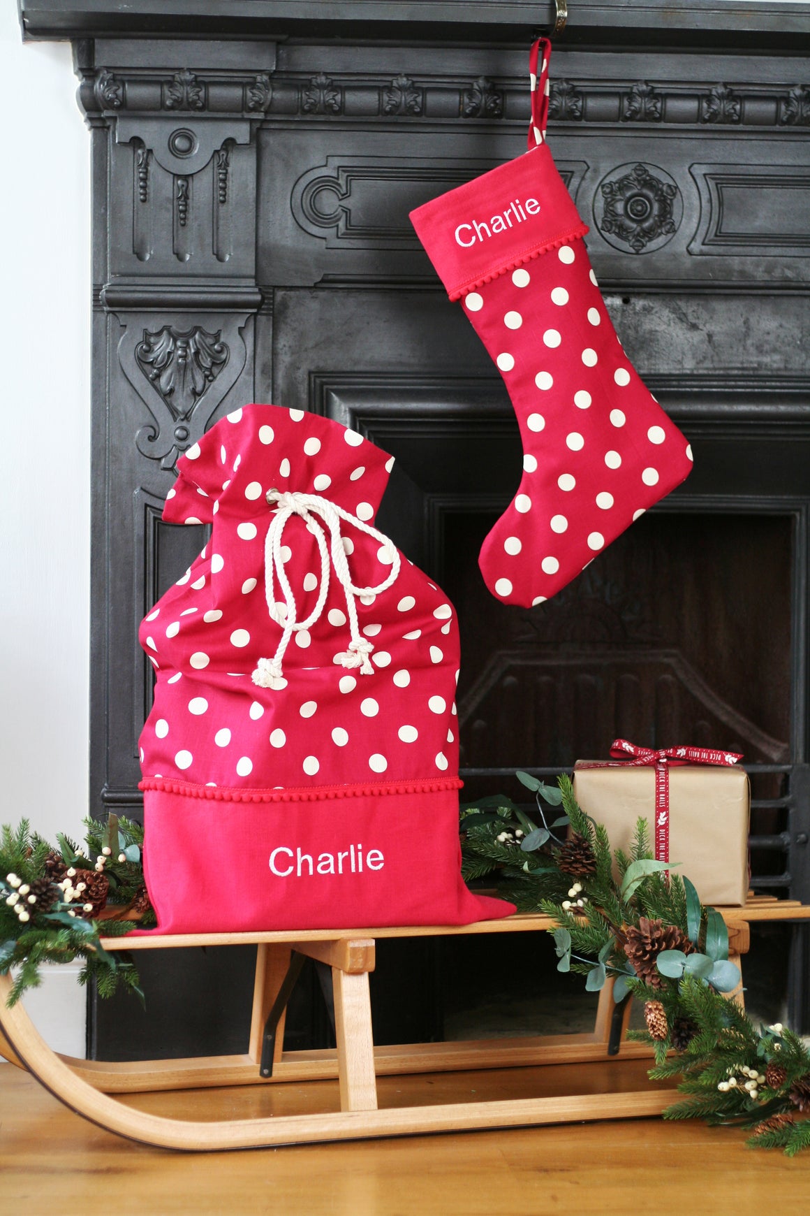 Personalised Christmas Stocking and Santa Sack Set WHITE SPOTS - HIDE & SEEK TEXTILES