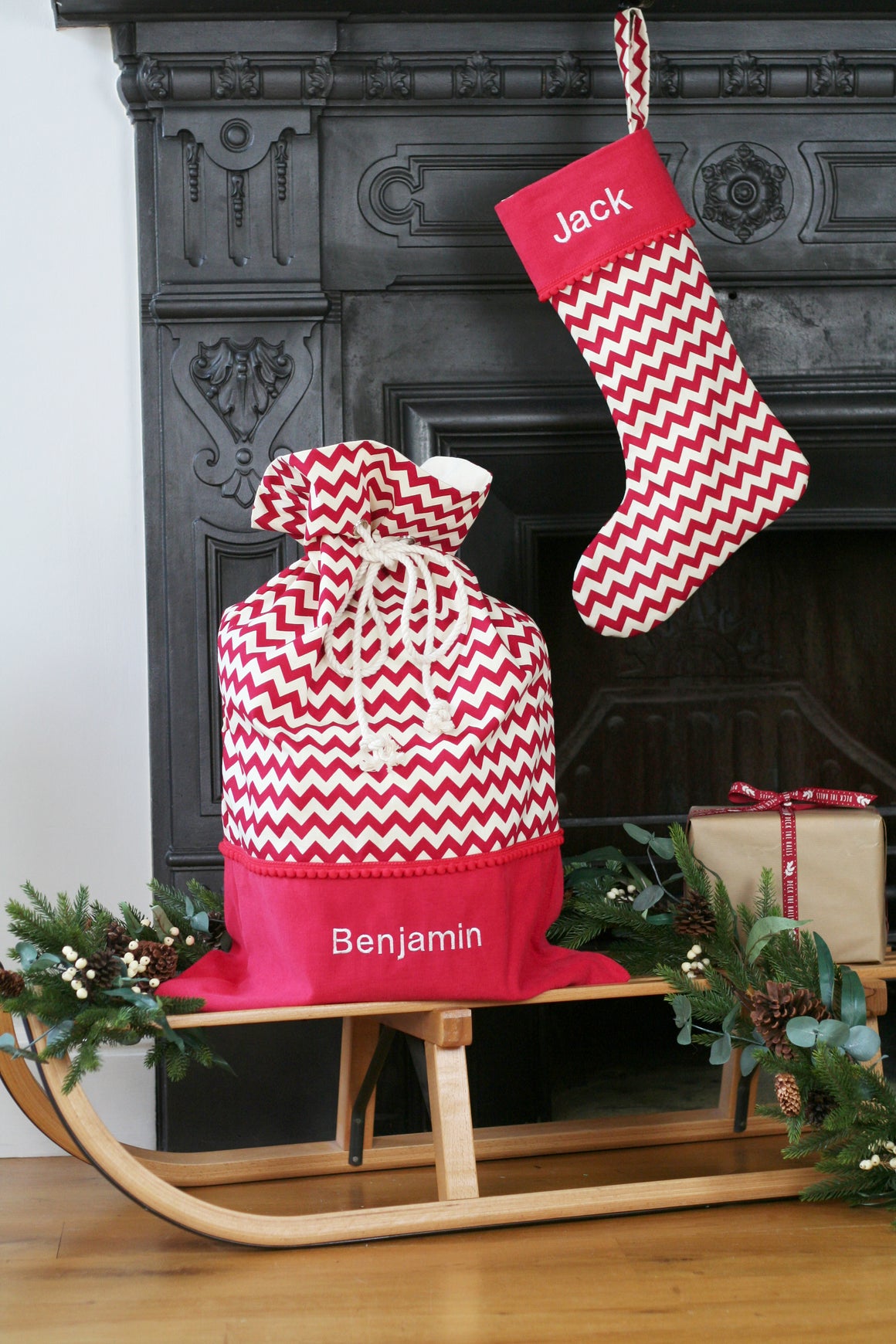 Personalised Christmas Stocking and Santa Sack Set STRIPES HIDE