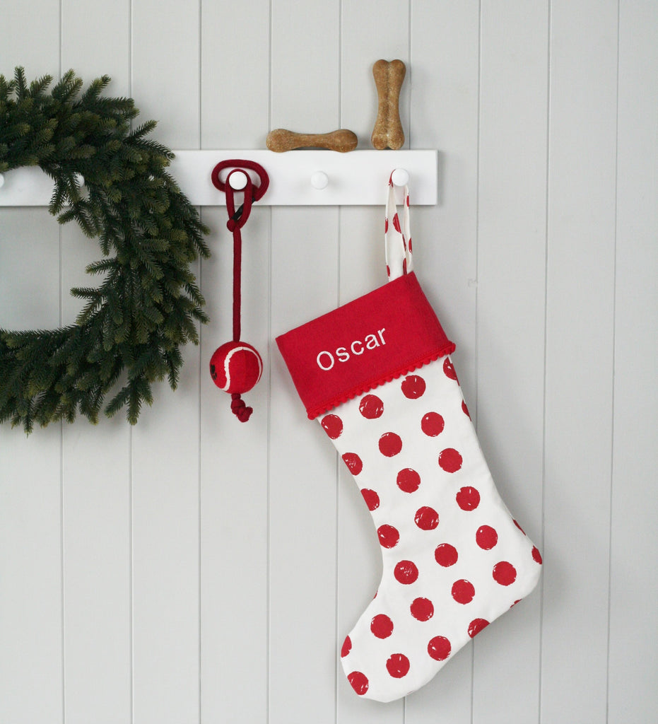 Personalised Pets Christmas Stocking RED SPOTS - HIDE & SEEK TEXTILES
